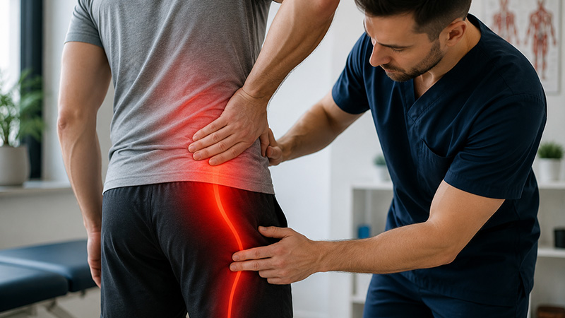Pacient cu lombosciatica si durere care coboara pe picior in timpul evaluarii intr-o clinica de recuperare medicala